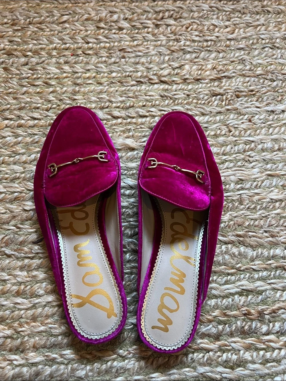 Sam Edelman Fuchsia Velvet Backless Mules with Gold Bit - Picture 2 of 4